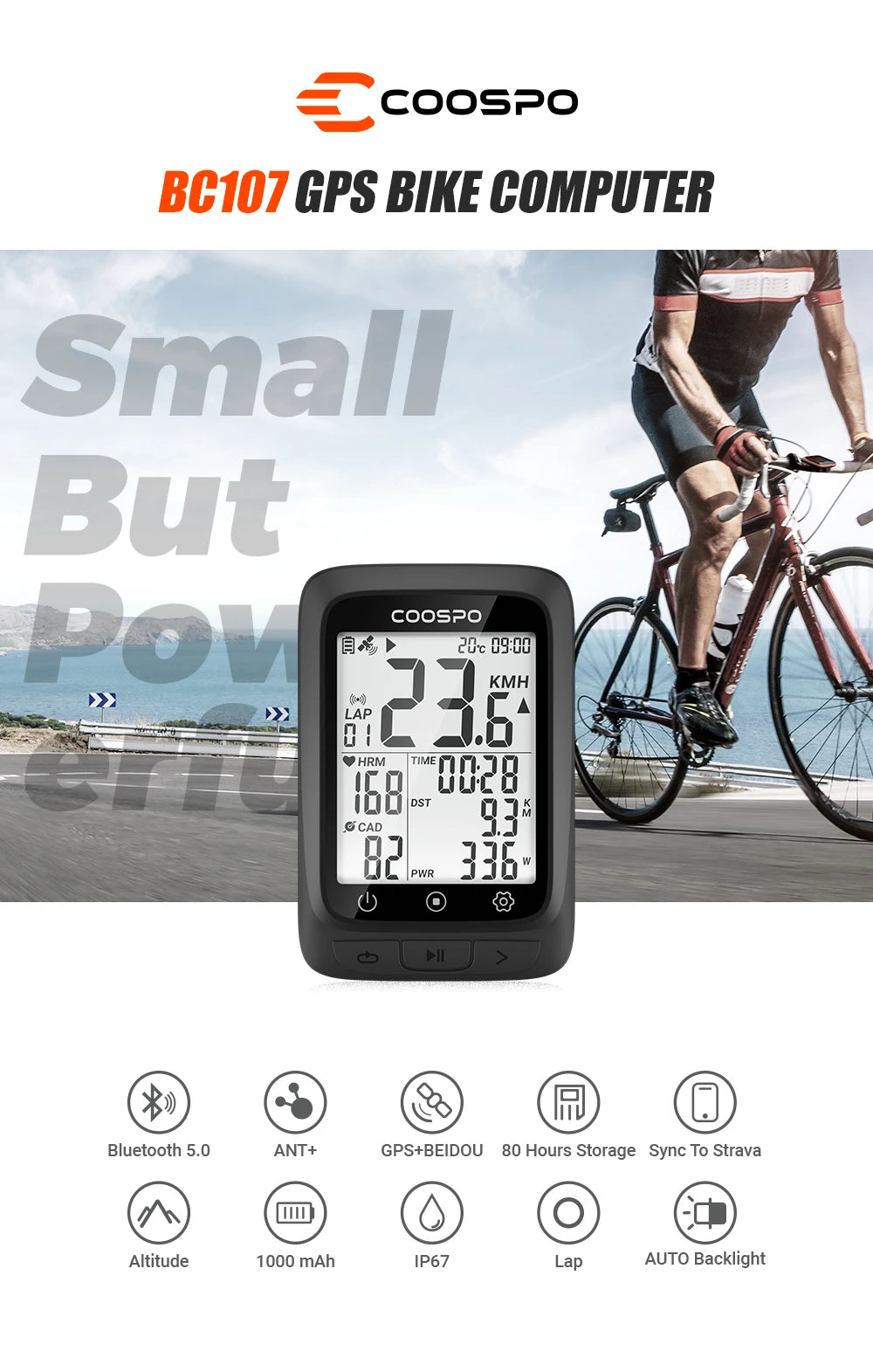 COOSPO BC107 Bike Computer GPS Wireless Bicycle Cycling Odometer Speedometer 2.4"FSTN Bluetooth5.0 ANT+ Waterproof GPS BDS