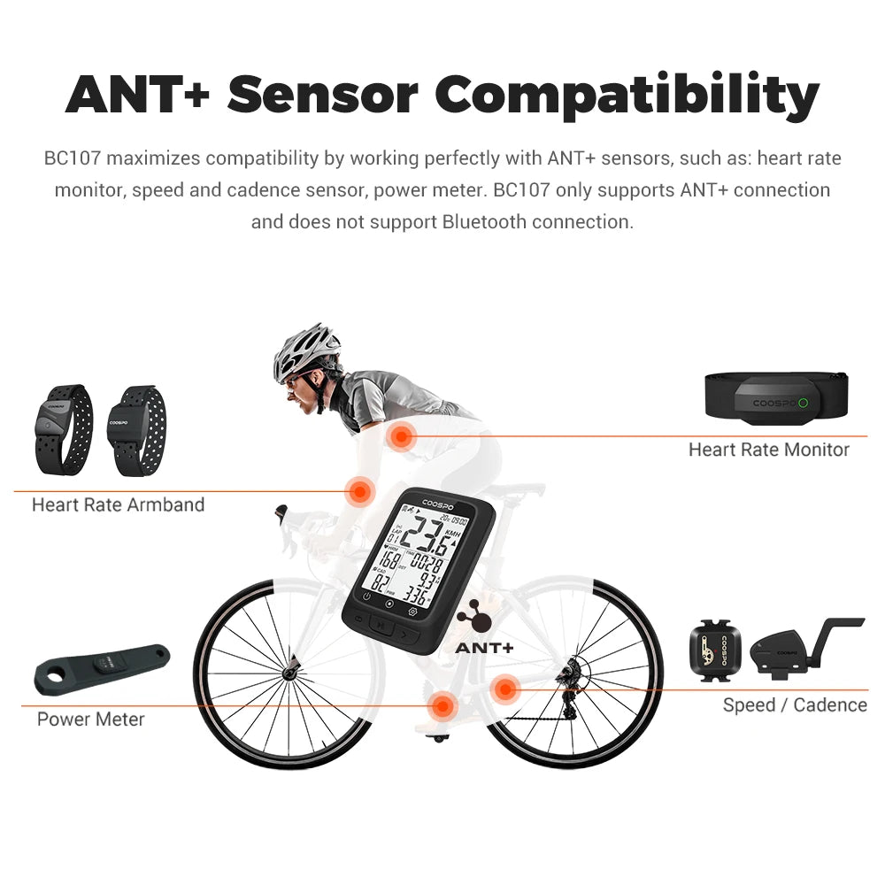 COOSPO BC107 Bike Computer GPS Wireless Bicycle Cycling Odometer Speedometer 2.4"FSTN Bluetooth5.0 ANT+ Waterproof GPS BDS